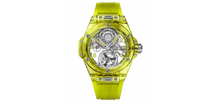 Hublot continues its experimentation with SAXEM, a material used in satellites and lasers, with the release of the new Big Bang Tourbillon Automatic Yellow Neon Saxem.