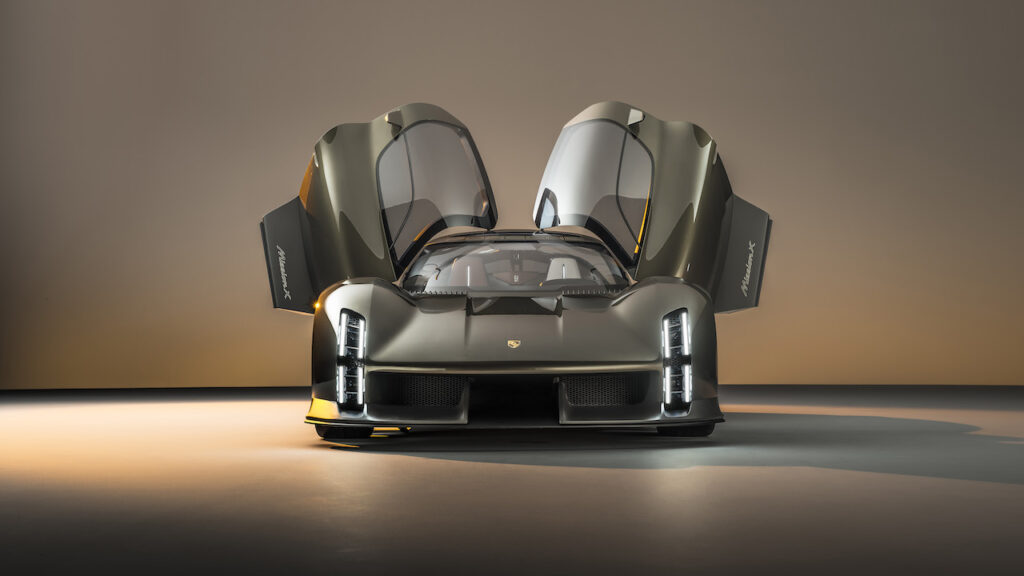 Porsche has unveiled Mission X, a spectacular reinterpretation of a hypercar, with Le Mans-style doors that open upwards to the front and a high-performance, efficient electric powertrain.