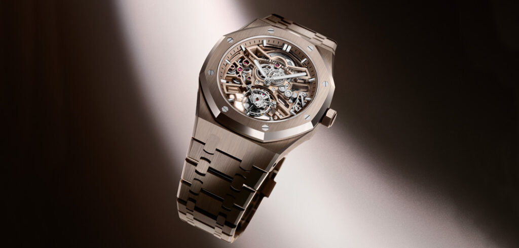 Watchmaker Audemars Piguet has created a bold new take on its Royal Oak Selfwinding Flying Tourbillion Openworks in sand gold. 